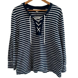 LOFT Women’s Stripped Long Sleeve Top size XL Cotton Nautical Navy Blue Top